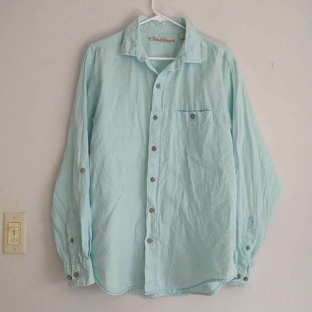 Caribbean Button Up Shirt Mens L Blue Linen Roll Tab Sleeve Pocket Preppy Resort